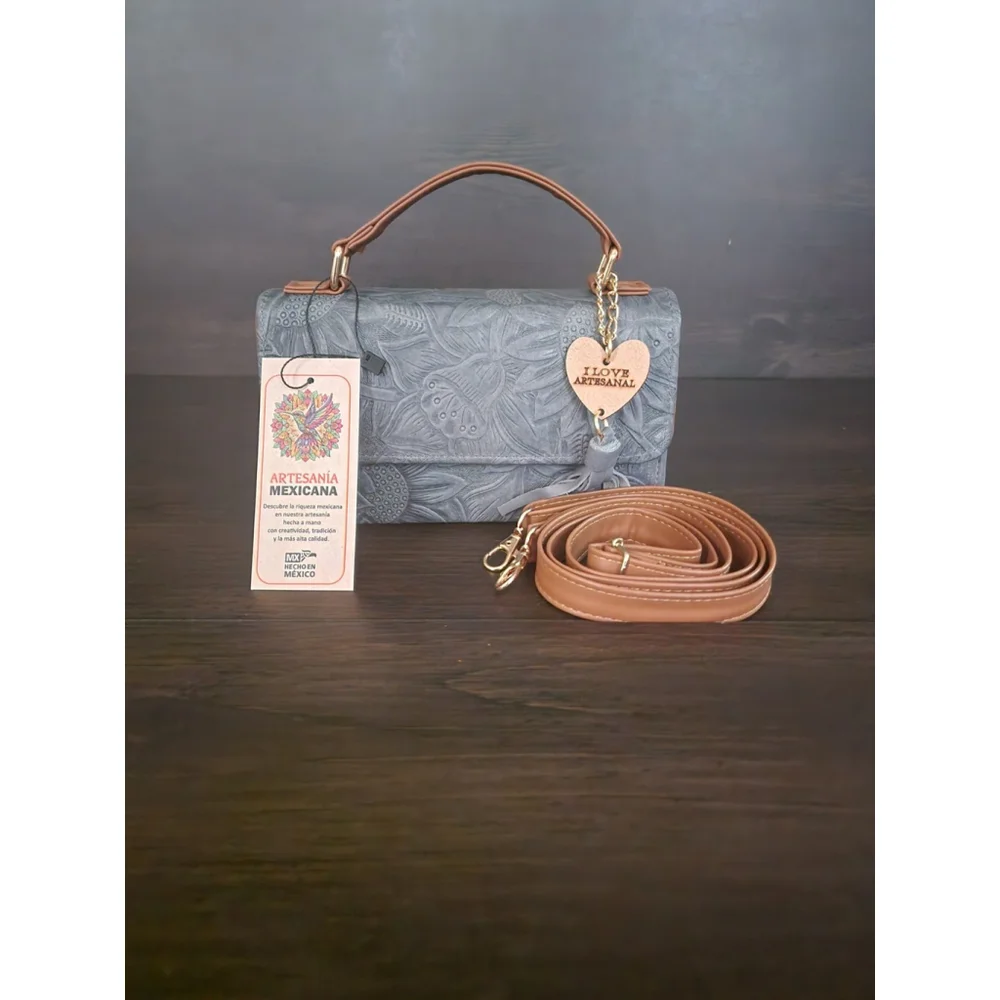Light Blue Gray Sunflower Embossed Tooled Artisan LEATHER Crossbody Bag Purse - Picture 4 of 15